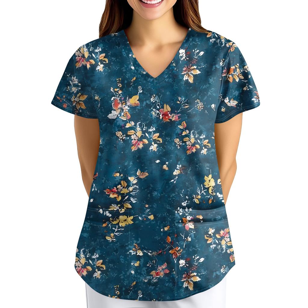 Plus SizePrinted Scrub Working Uniform Tops For Women's Cross V-Neck Print Short Sleeve Fun T-Shirts Workwear Tee With Pockets