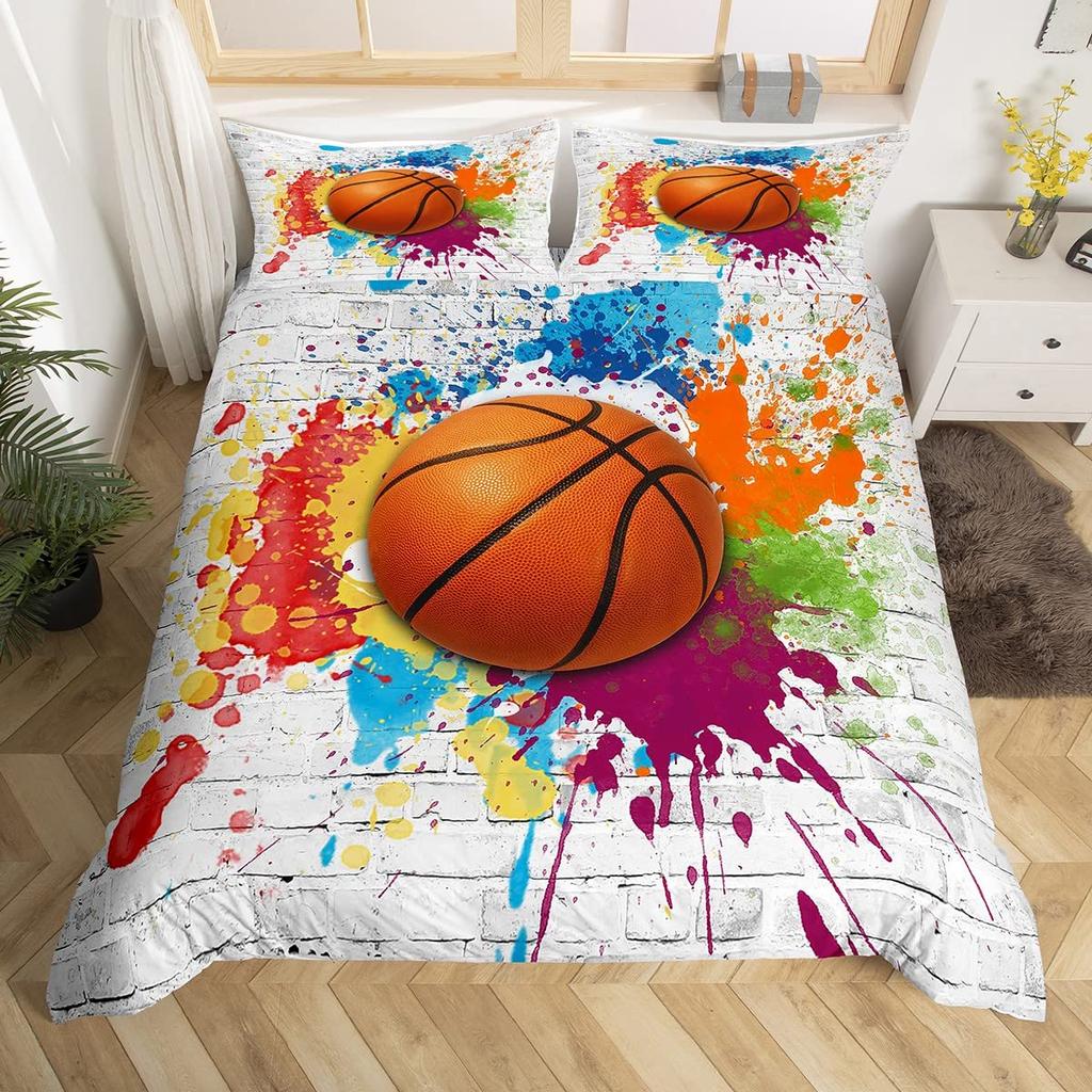 Basketball Duvet Cover Queen Blue Red Green Tie Dye Bedding Set Grunge Neon Sports Comforter Cover Neon Ball Game Quilt Cover