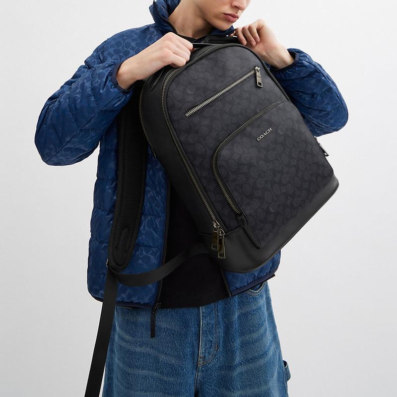 COACH ETHAN 32 zipper closure brand print coated canvas backpack for men charcoal and black