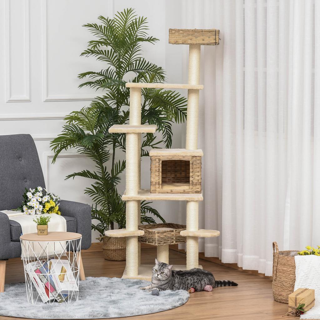 Rattan Cat Tree with Cat Den Multi-Level Cat Tree Climbing Tree for Cats E1 MDF Sisal Beige+Brown 55 x 55 x 174 cm