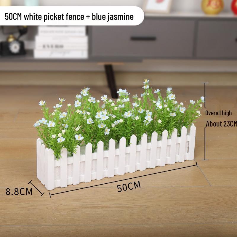 Silk Flower Pot with Wood Fence: Decorative Bonsai for Living Room or Office.