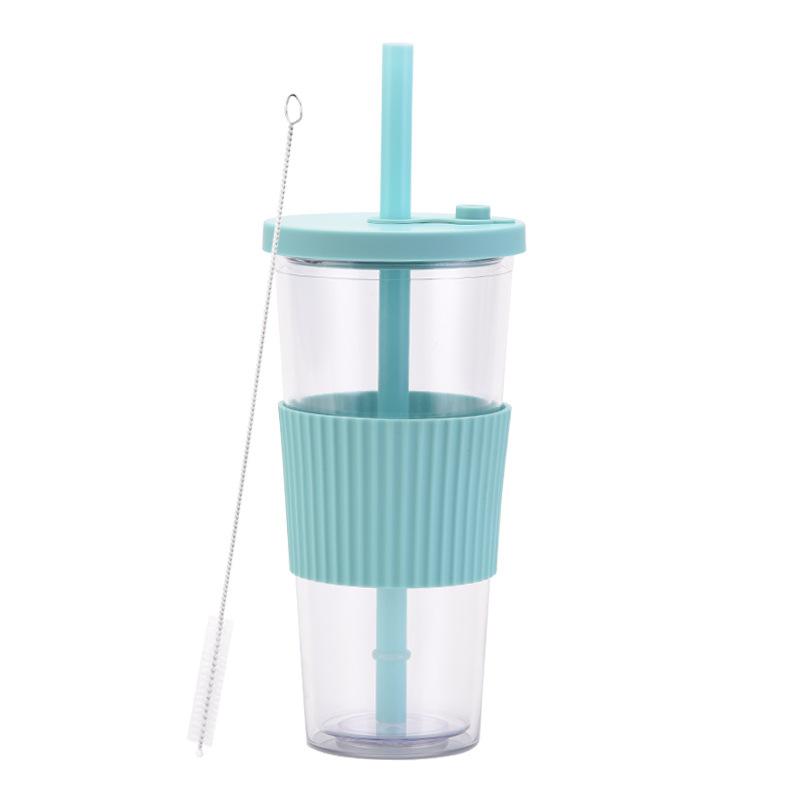 2025 Large Capacity Double Layer Plastic Cup Large Hole Straw Pearl Boba Milk Tea Cup Portable Outdoor Straw Cup