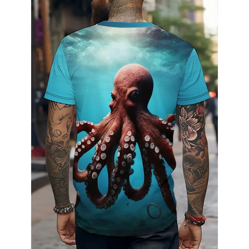 Men's 3D Printed Tropical Octopus Pattern T-shirt Trendy Printed Short-sleeved Breathable Polyester Round Neck Casual Style