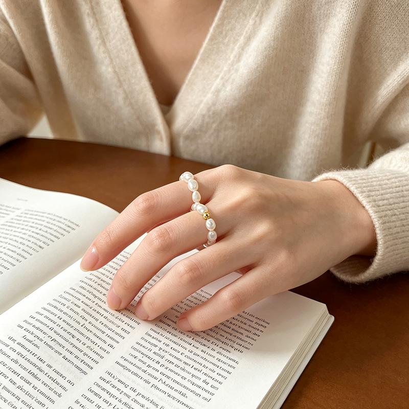Irregular Baroque Stretch Ring Natural Freshwater Pearls AA Grade White Exquisite Commuter-Friendly Versatile Korean-Style