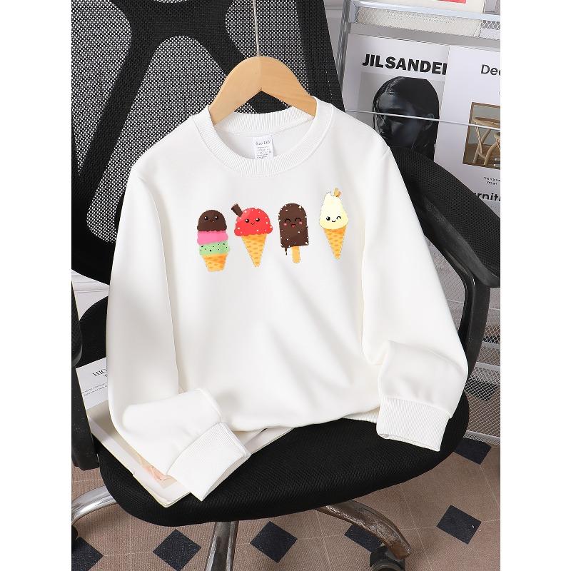 Kids Crewneck Long Sleeve Sweatshirt,Cute Cartoon Ice Cream Characters Print