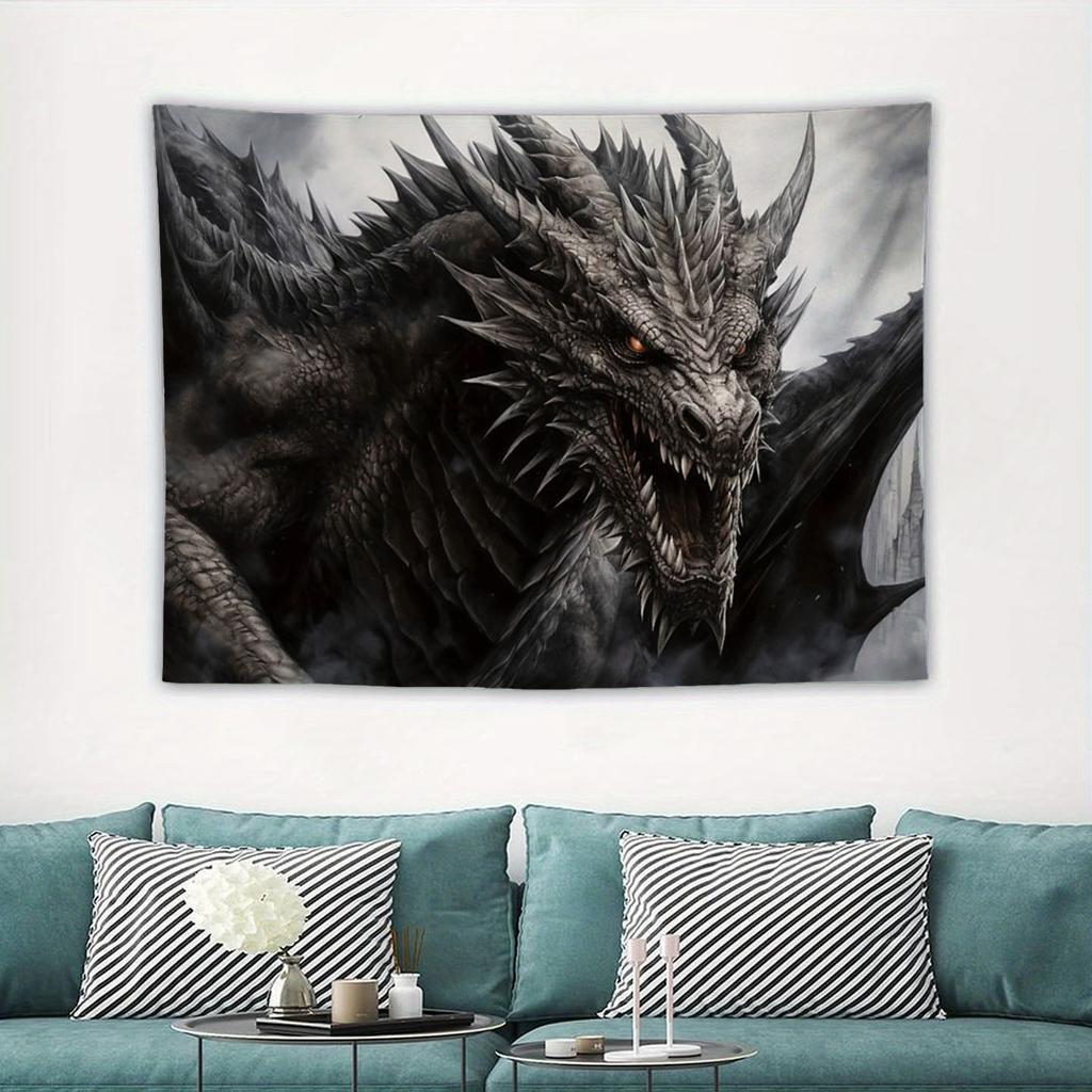 2D Majestic Dragon Design Black Dragon Background Printed Tapestry Fantasy Art Room Dormitory Home Decoration
