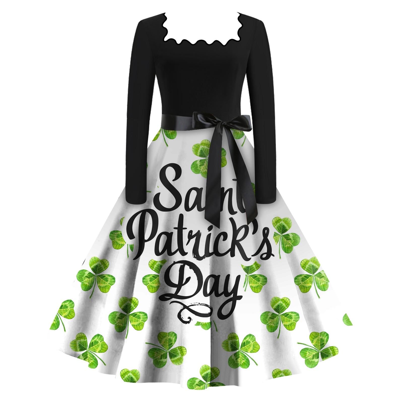 

Жіноча повсякденна мода з квадратним вирізом і довгим рукавом St. Вінтажні сукні з принтом до Дня Патрика XL білий