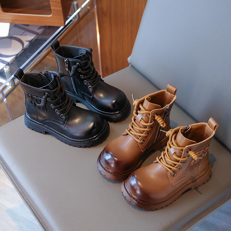 Girls Martin boots British style two cotton short boots 2025 new autumn and winter velvet boys warm cotton boots children's leather boots