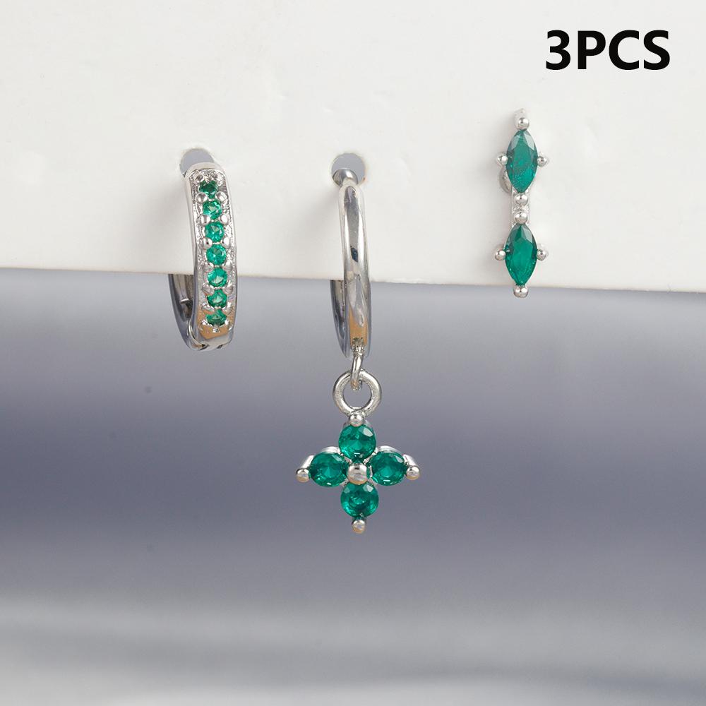 3PCS Green Zircon Flower Hoop Earrings Women Tiny Stainless Steel Round Circle Cartilage Piercing Earring Fashion Jewelry Sets