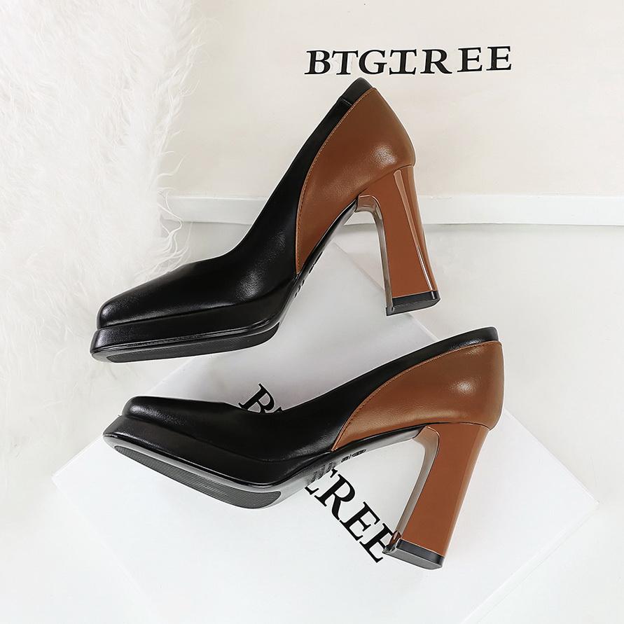 Shanggui Super Girl High Heels Thick Heels Color Blocked Single Shoes