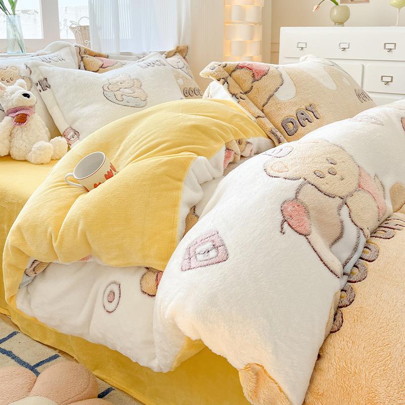 Warm Snowflake Fleece Four-piece Set, Double-sided Fleece Thickened Milk Fleece Bed Sheet Three-piece Set