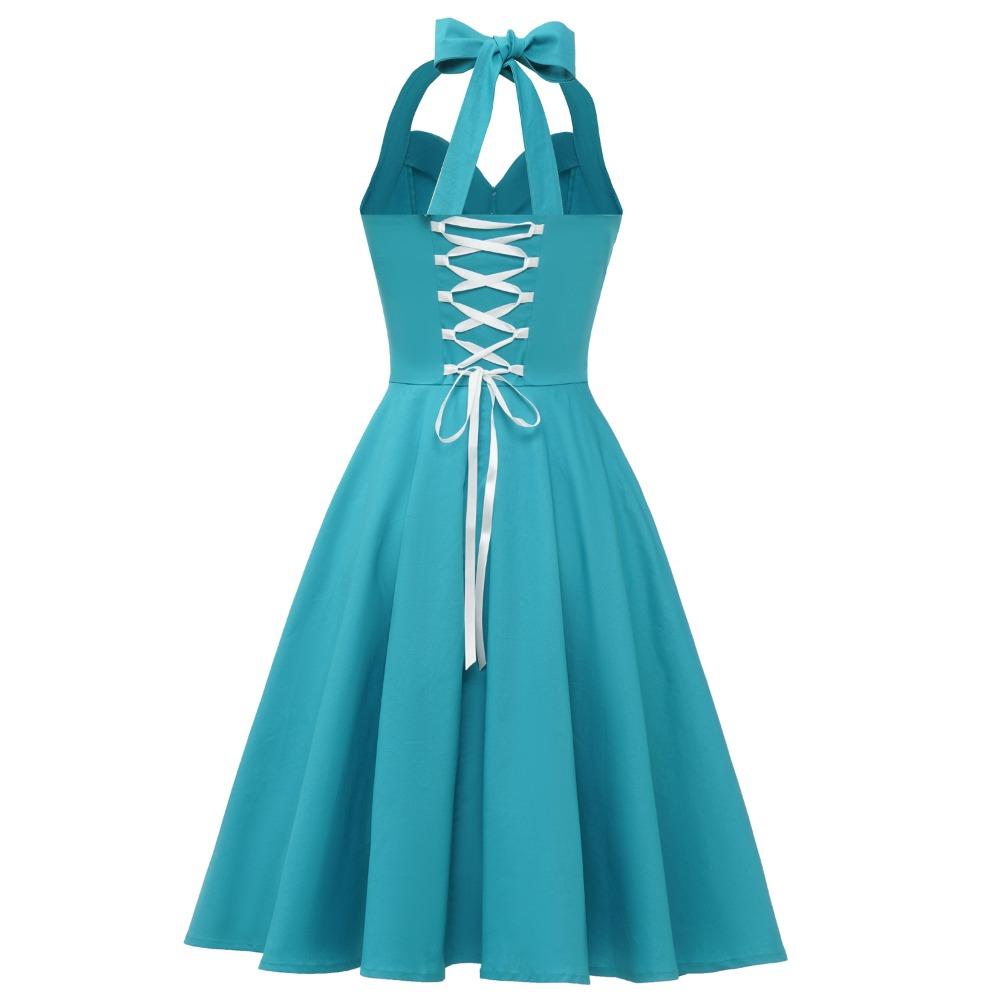 Retro-style Pleated Halter-neck Slimming V-neck Backless Tie-front Orchid Blue Flared Dress – Elegant Performance Attire
