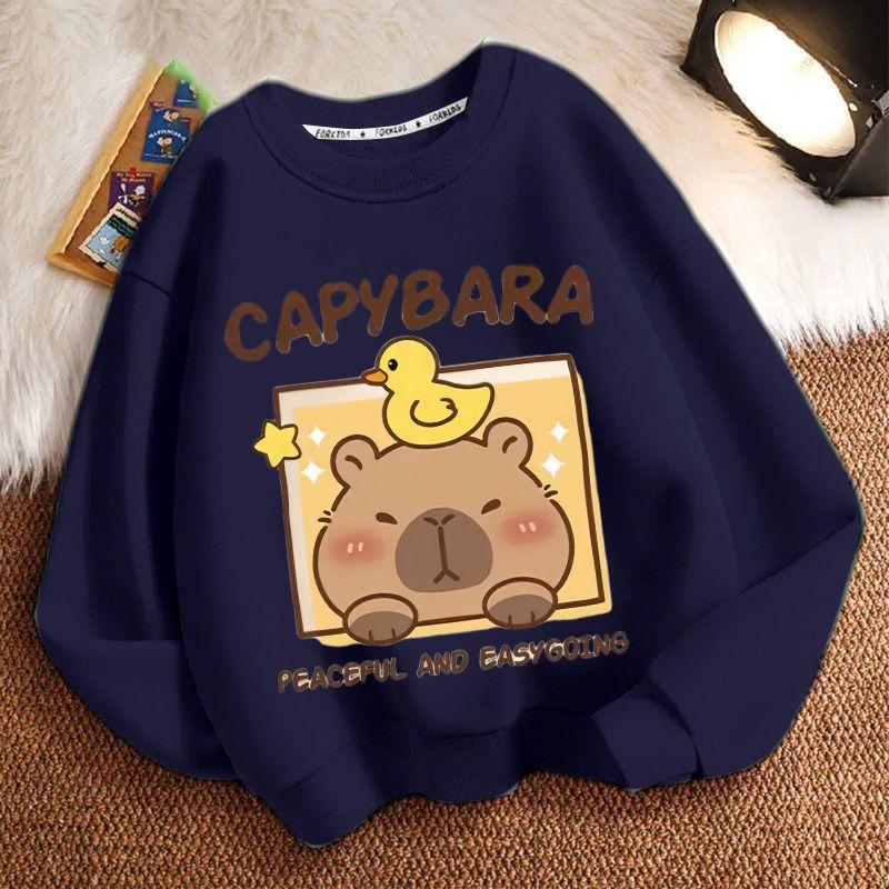 Dívčí módní kreslená mikina s kapybarou Jarní a podzimní dětský volný top s dlouhým rukávem a kulatým výstřihem