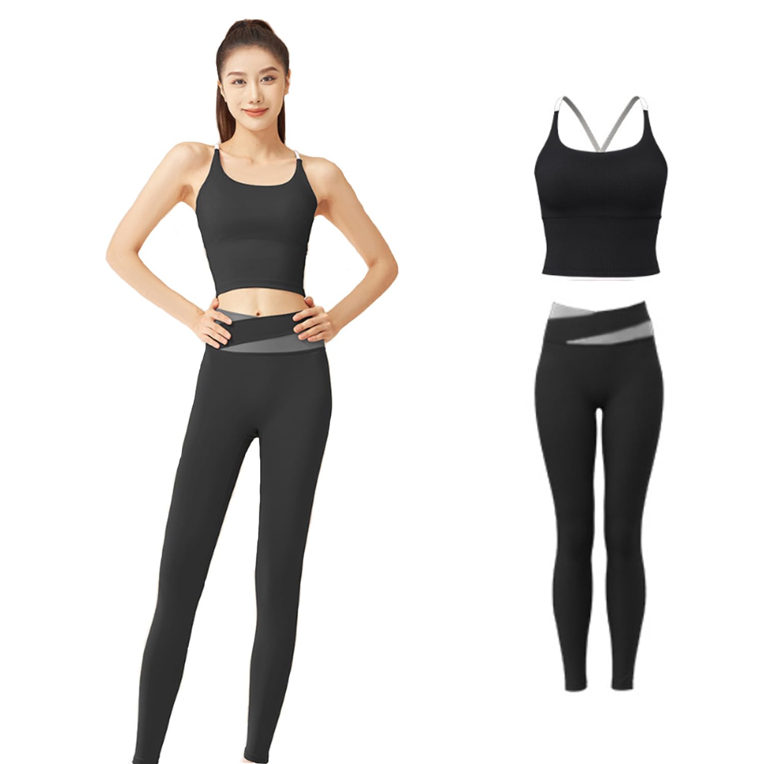 

Дышащий комплект для йоги Kesaeki: топ и брюки с йогой и эластичным поясом для и Идеально подходит для горячей йоги и тренажерного зала Женские чашки, Брюки с высокой посадкой, чёрный