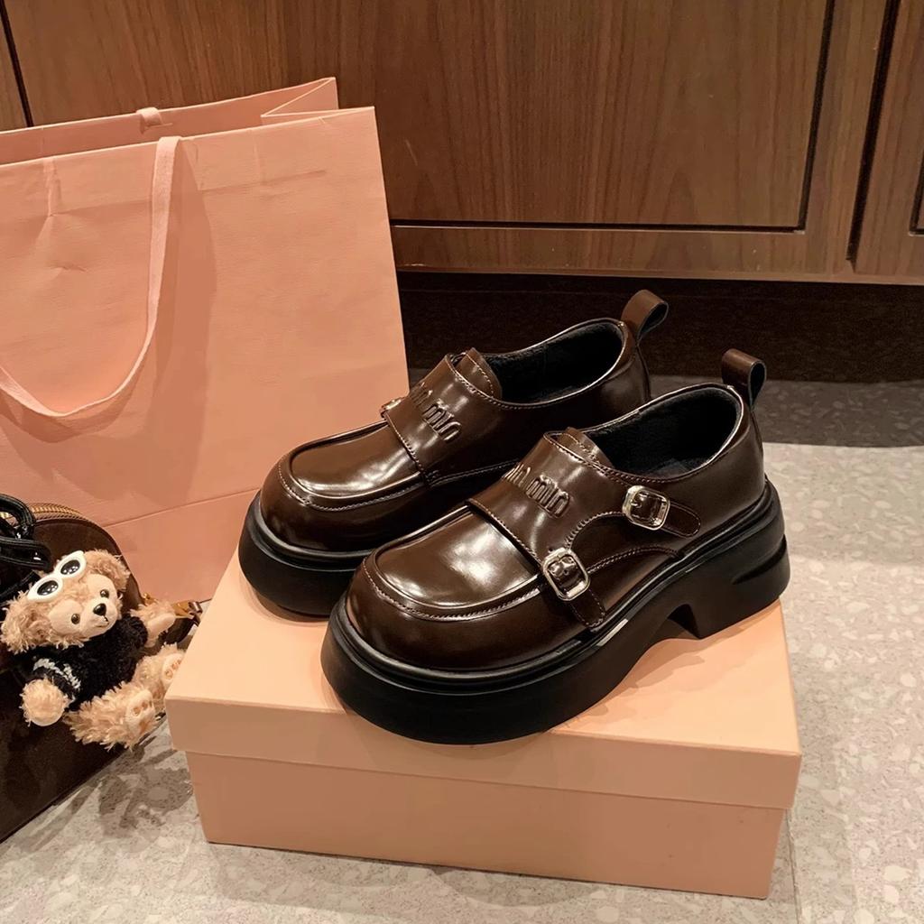 Cowhide Version~ Grape Mother Same Style, Amiu Double Buckle with Loafers Round Head British Style Platform Small Leather Shoes Single Shoes Women