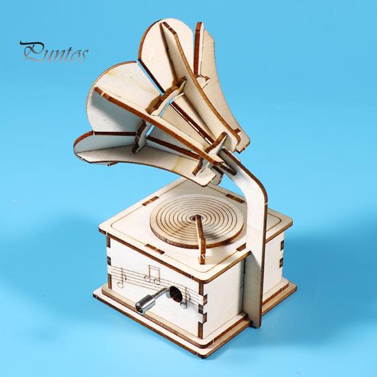 1 Sada DIY Retro Gramofon Model Kit Ručně vyráběné Dřevěné Puzzle Ručně poháněný Fonograf Stavebnice Řemesla Gramofon STEM Projekt Dětská Vzdělávací Hračka