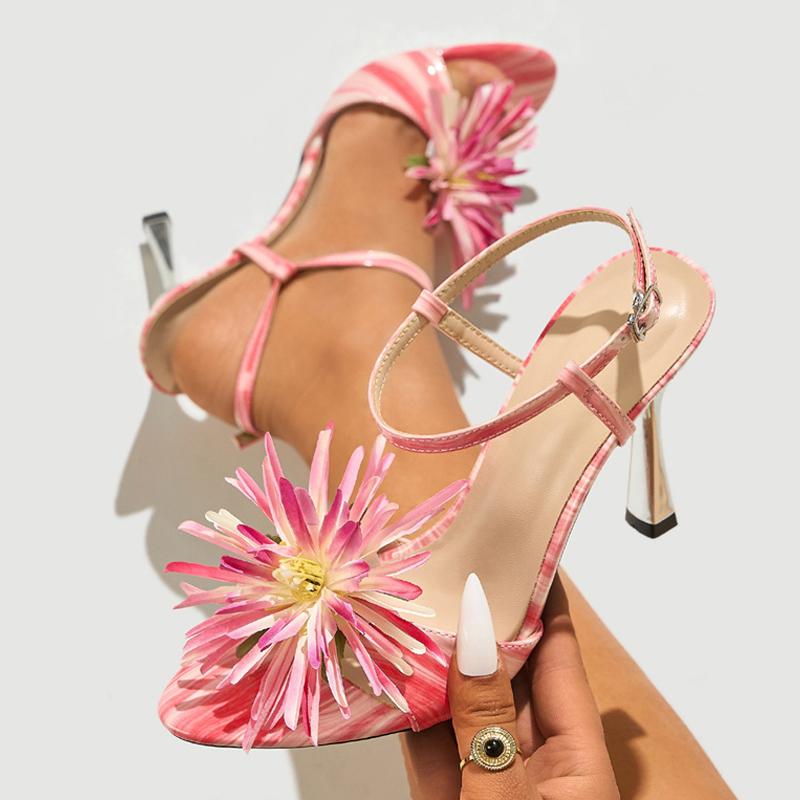 2025 New Fashion Flower Bud Open Toe Designer Sandal Female Buckle Strap Pink High Heels Party Prom Shoes Women Sandalias