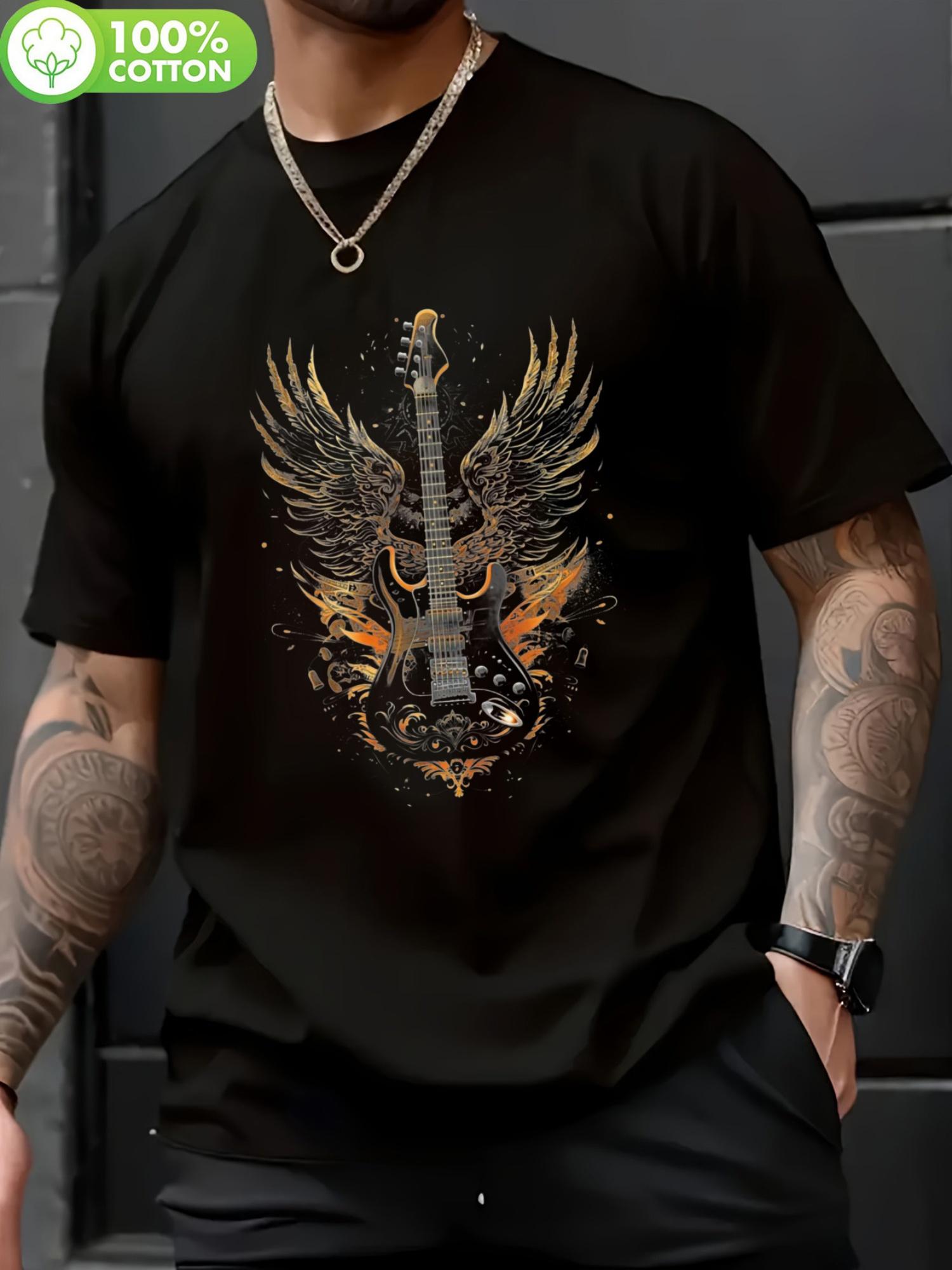 

100% Black Cotton Rock & Roll Wings Guitar Graphic T-shirt - Bold Music Design XXL