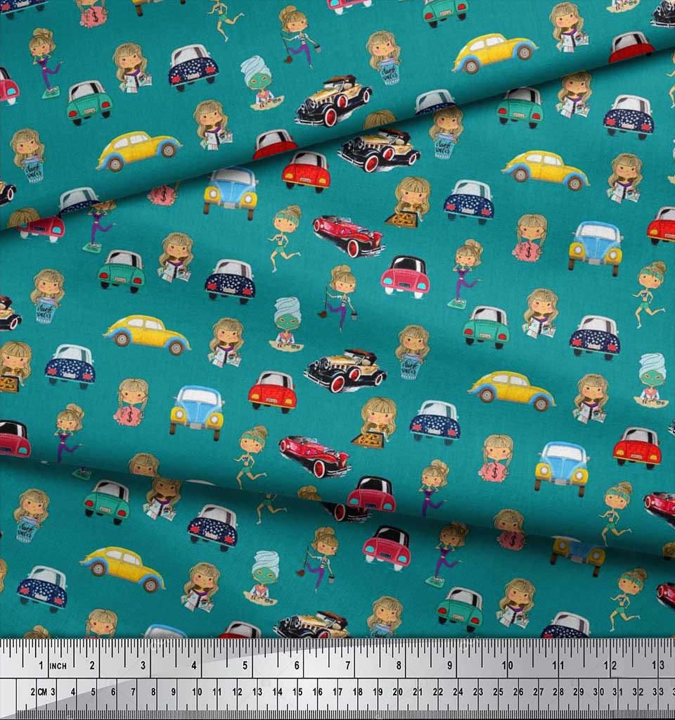 Soimoi Japan Crepe Satin Fabric Cartoon Girl & Car Transport Print Fabric by the Metre 42 Inch
