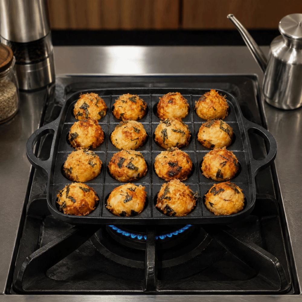 New Black Takoyaki Pan Nonstick Dual Handle Takoyaki Grill Pan Cast Aluminum 16-Hole Cooking Pan Indoor Cooking