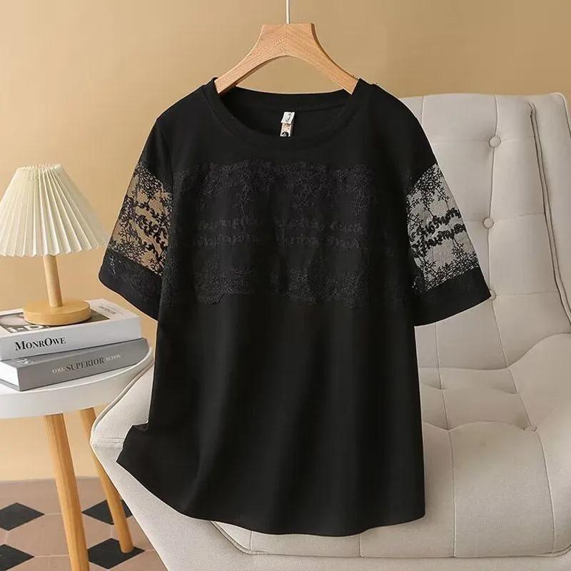 Lace Splicing Design for Women Fashionable Loose Round Neck Top Stylish Short-sleeved T-shirt
