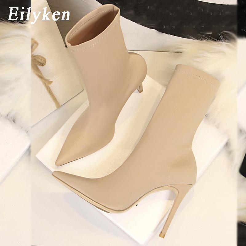 Fashion Eilyken Winter Fashion Stretch Fabric Socks Ankle Boots Women Pointed Toe Thin Heels Slip-On Shoes Female Pumps