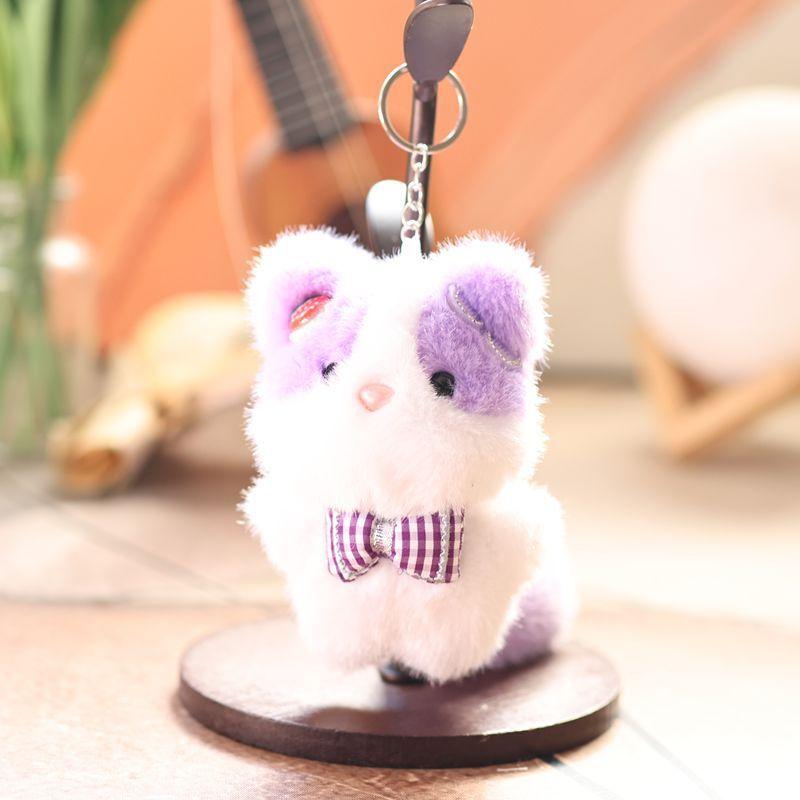 Cute Animal Plush Doll With Checkered Bow Decoration For Bags And Keys