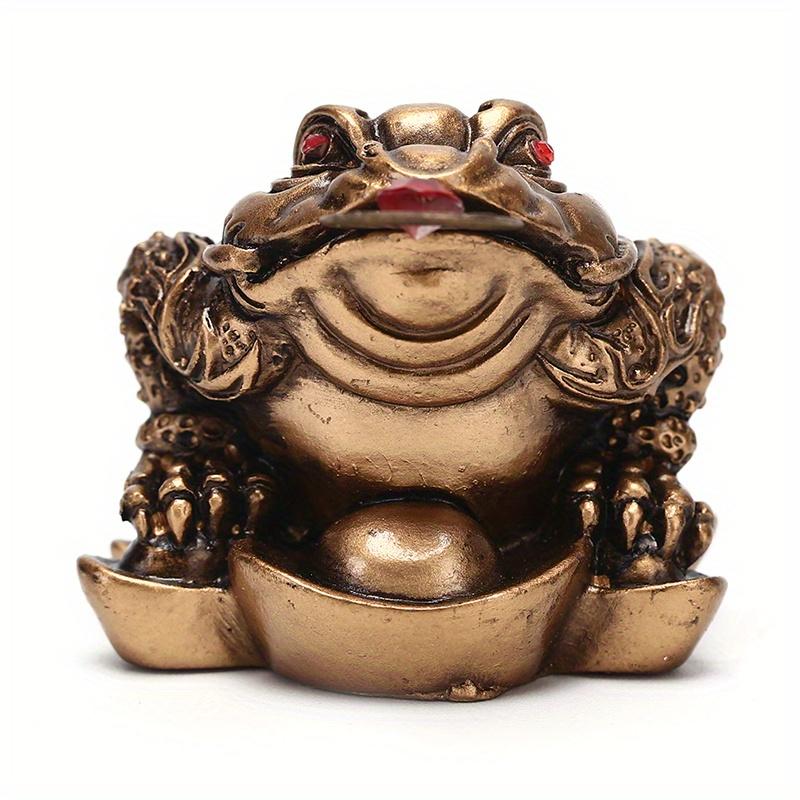 Luck Gift Feng Shui Small Three Legged Money Frog Fortune Toad Chinese Coin Metal Craft Home Decor Bronze and Mahogany Color.
