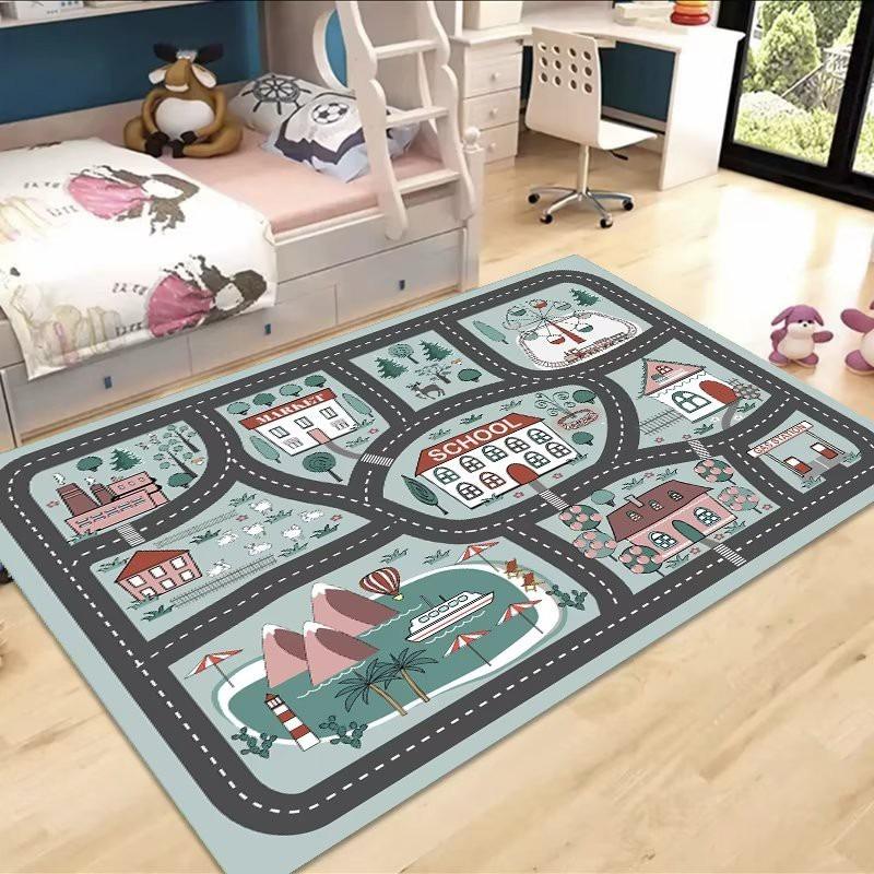 Kids Parking Lot Traffic Game Carpet Boy Car Cartoon Road Track Carpet Driveway Floor Mat Kids Game Crawl Floor Mat Home Decor