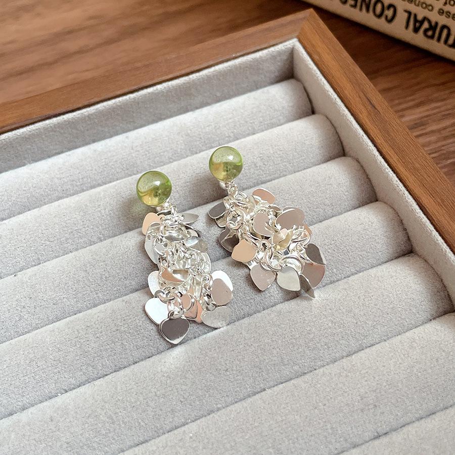 Silver Needle Resin Love Fringed Stud Earrings Fresh and Sweet Temperament Earrings Women's Fashion Versatile Earrings Design Sense Niche