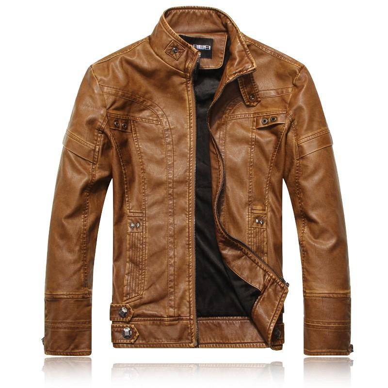 Mens Faux Leather Biker Jacket With Stand Collar Fleece Lined Washed Vintage Style Slim Fit Winter Casual Wear