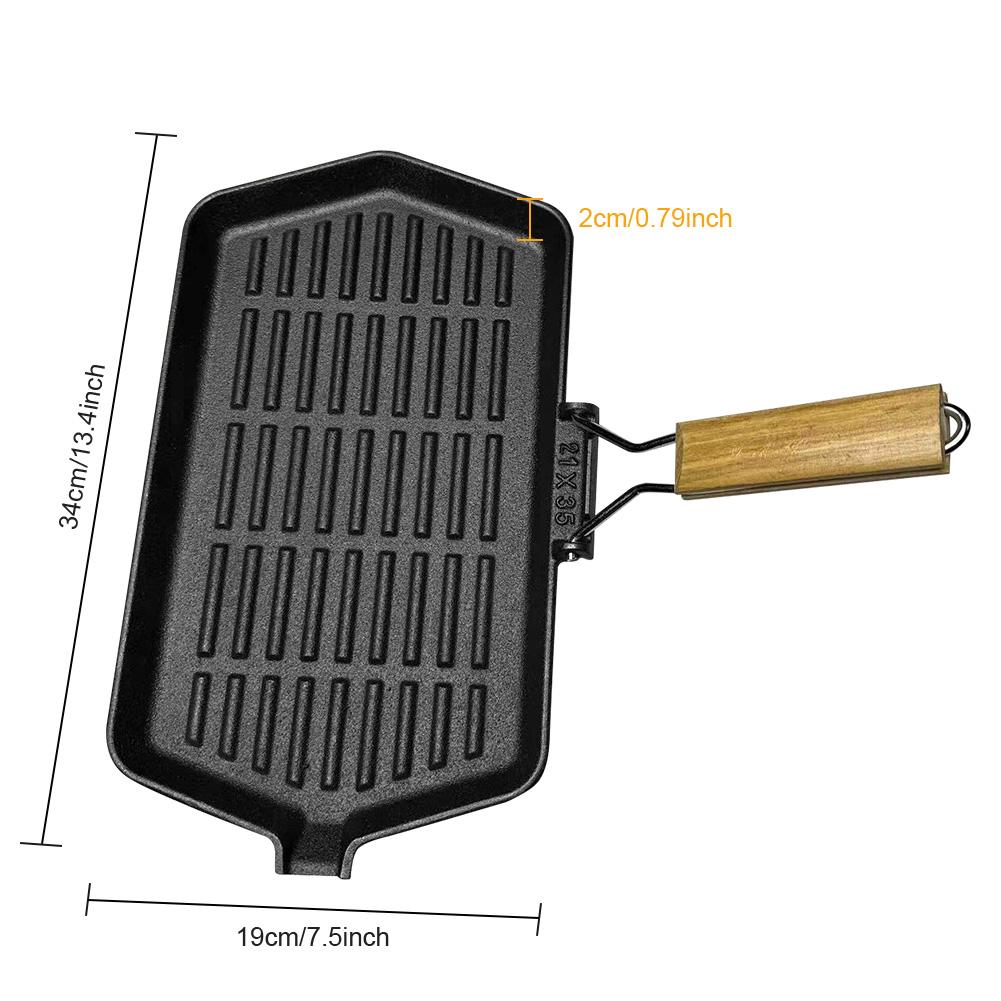 34X19cm Iron Steak Pan Rectangular Frying Pan with Handle Skillet for Induction Cooker for Outdoor Hiking Picnic Cooking