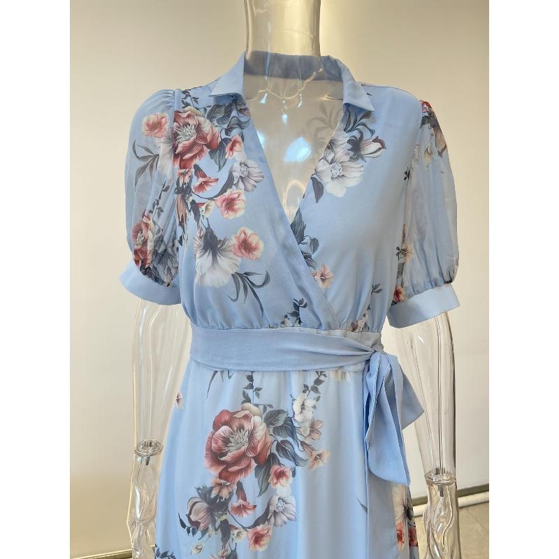 Abito Maxi Azzurro Chiaro con Stampa Floreale, Scollo a V, Maniche a Bolle, Cintura in Vita, Abito Estivo da Vacanza