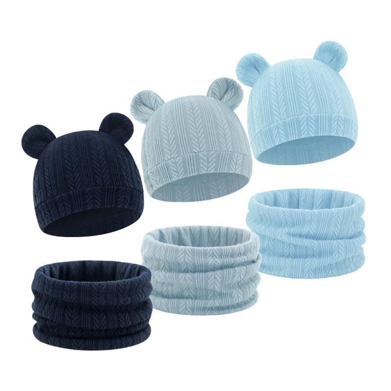 Reversible Infant Winter Hat Neck Warmer Combo Stretchy Cotton Blend 2 in 1 Baby Beanies Scarf Set for 8 to 36 Month Olds