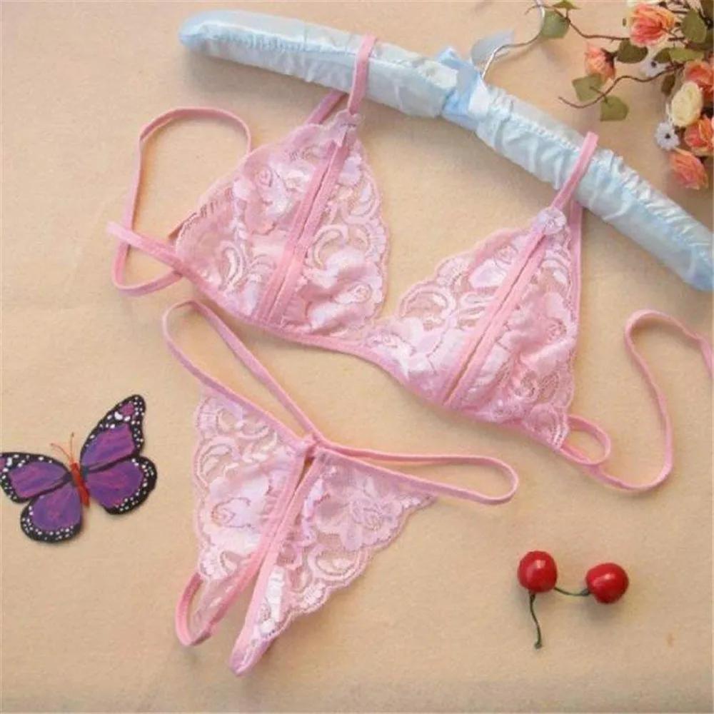 Sexy Women Lady Lingerie see through Lace Underwear Sleepwear lace up bra +Open Crotch G-string Erotic set For Woman