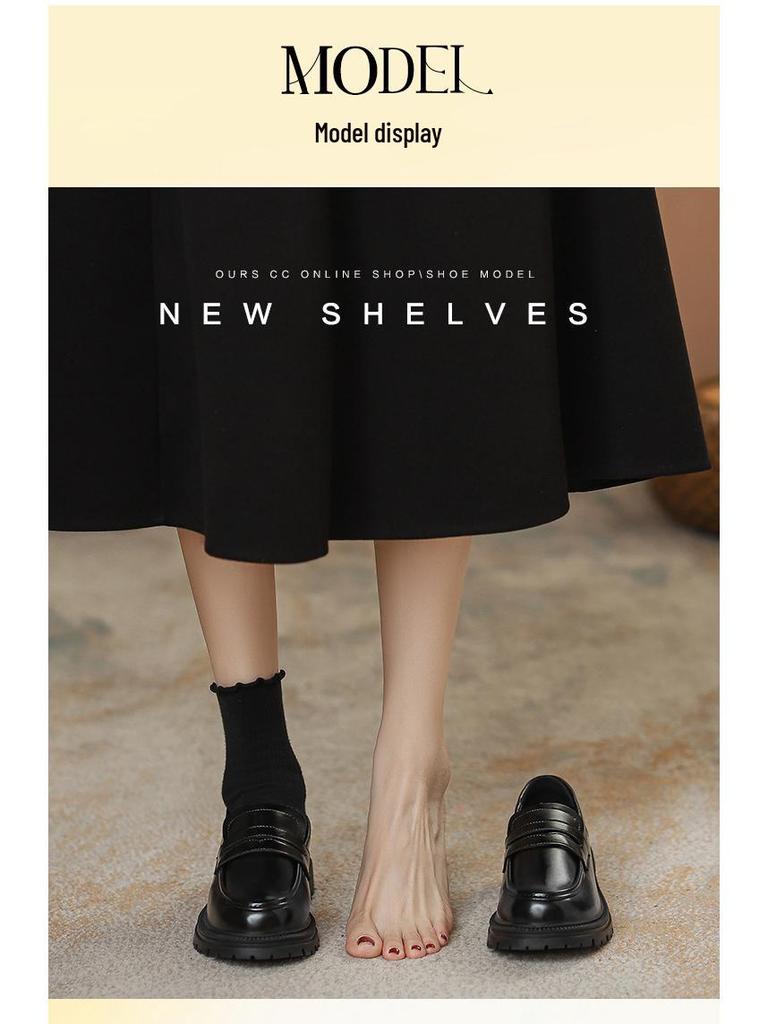 Damskor 2025 Brittisk stil läderloafers - Höst slip-on, mångsidiga arbetsskor med tjock sula