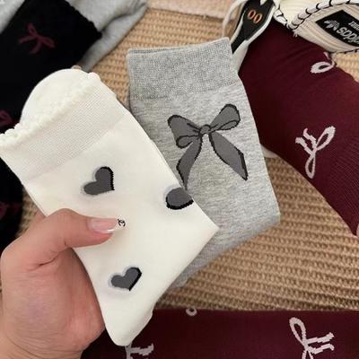 Women's Autumn and Winter Pure Cotton Angora Red Bow Mid-calf Socks Heart-shaped Ballet Style Pile Socks Soft and Glutinous Cotton Socks