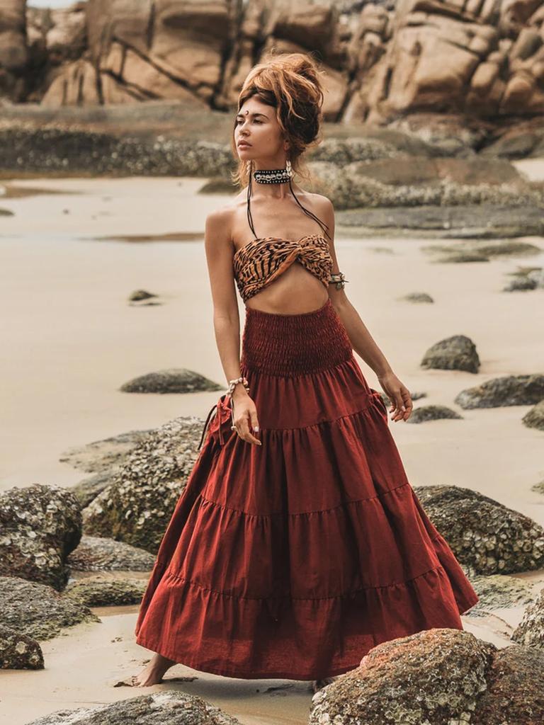 Neuer lässiger böhmischer Maxirock für Damen mit Taschen, zweifach tragbares Wickelkleid