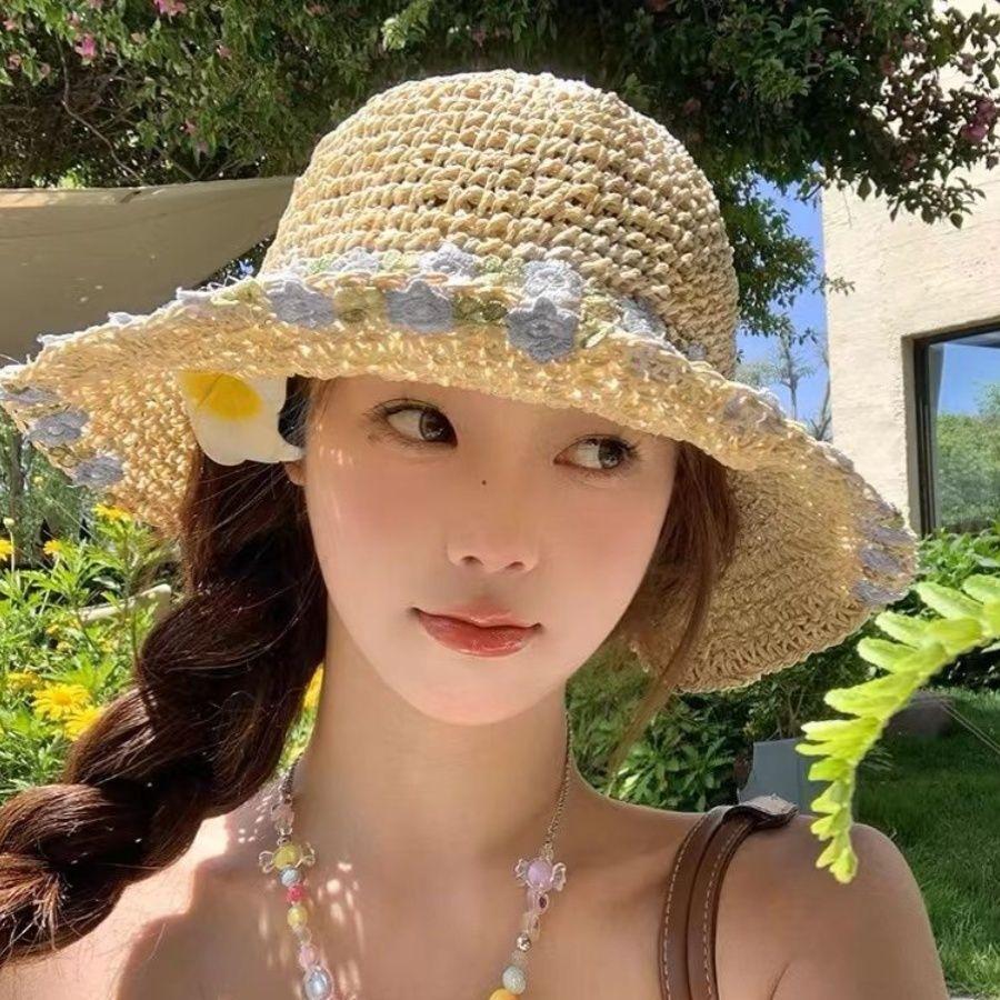Flower Fisherman Hat Summer Beach Vacation Sun Hat Brim Straw Hat Foldable Sun Hat