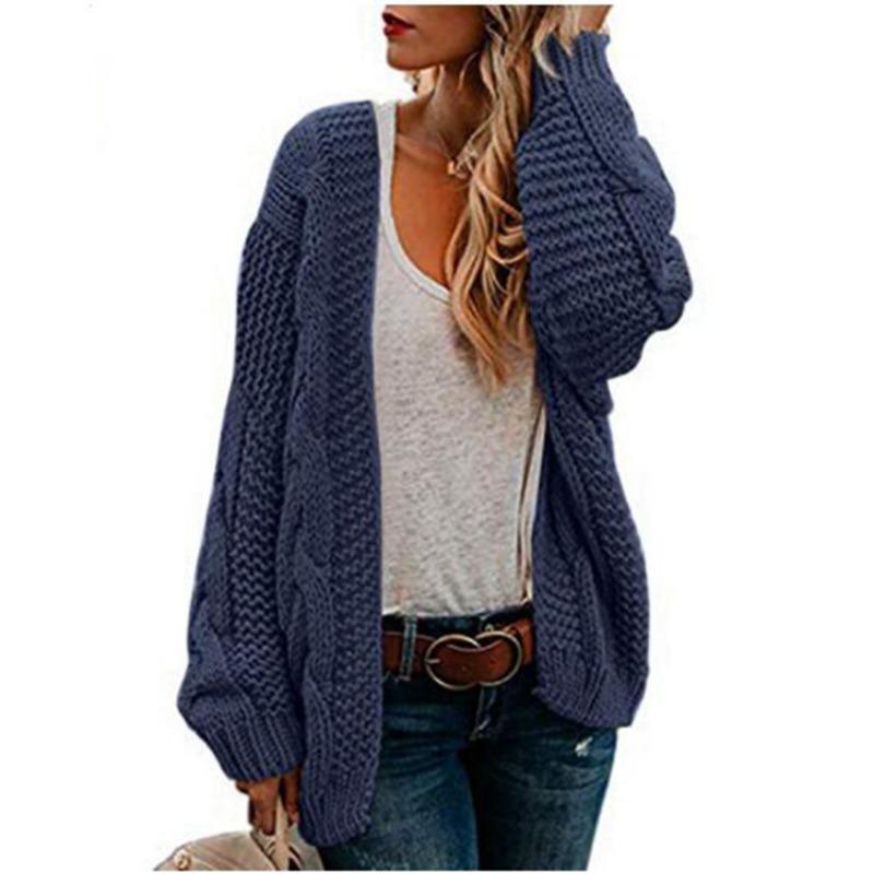 Women S Mid Length Loose Fit Chunky Knit Cardigan Casual Solid Color Outerwear