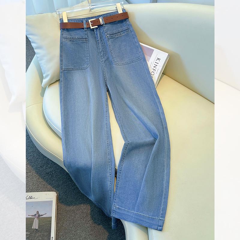 

Женские летние ретро джинсы из тенсела и ледяного шелка с широкими штанинами 2025 - Приталенные и легкие брюки прямого кроя 29/XL (115-125 lbs)