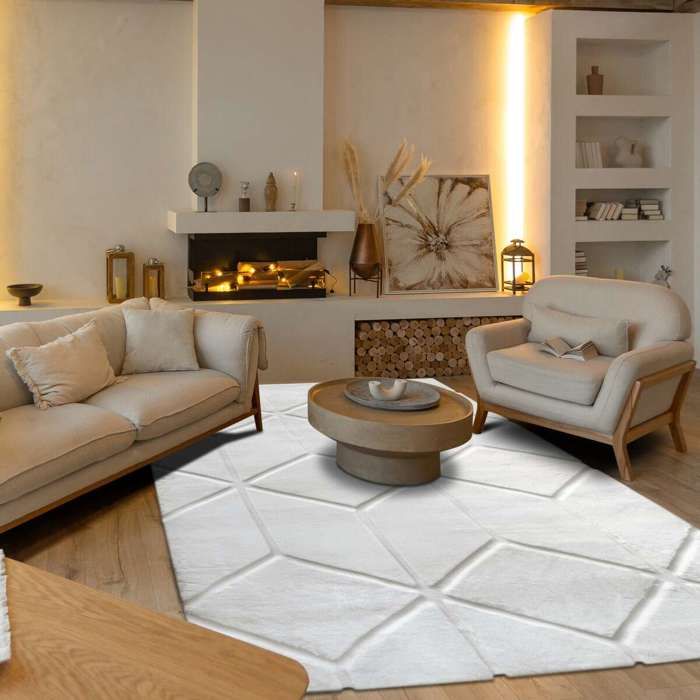 Tapis salon à relief cubes extra-doux blanc 160x230