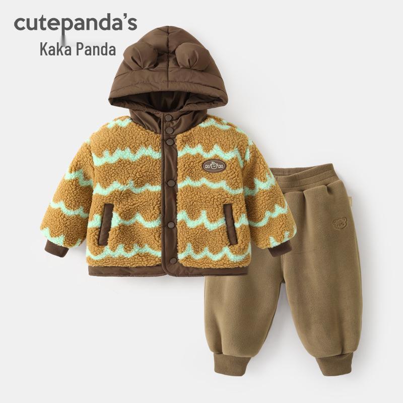 Kaka Panda Boys  Winter Fleece Hooded Jacket & Pants Set - Warm Baby Outfit for Autumn & Winter 100 cm
