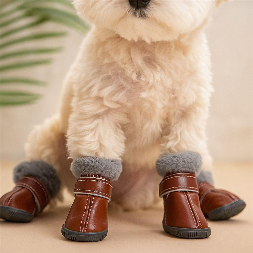4PCS Plush Winter Pet Dog Shoes Rubber Soles Non Slip Waterproof Dog Boots PU Leather Warm Dog Fleece Shoes Winter Season