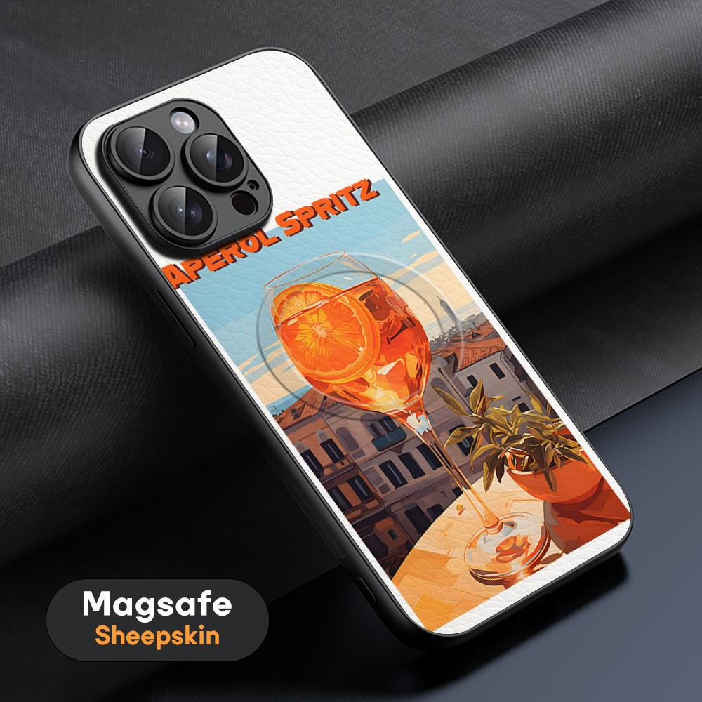 Custodia Arancione per Telefono Cocktail Aperol Spritz Per iPhone 16 15 14 13 12 11 Plus Pro Max Lusso di Alta Gamma Magsafe Pelle di Pecora