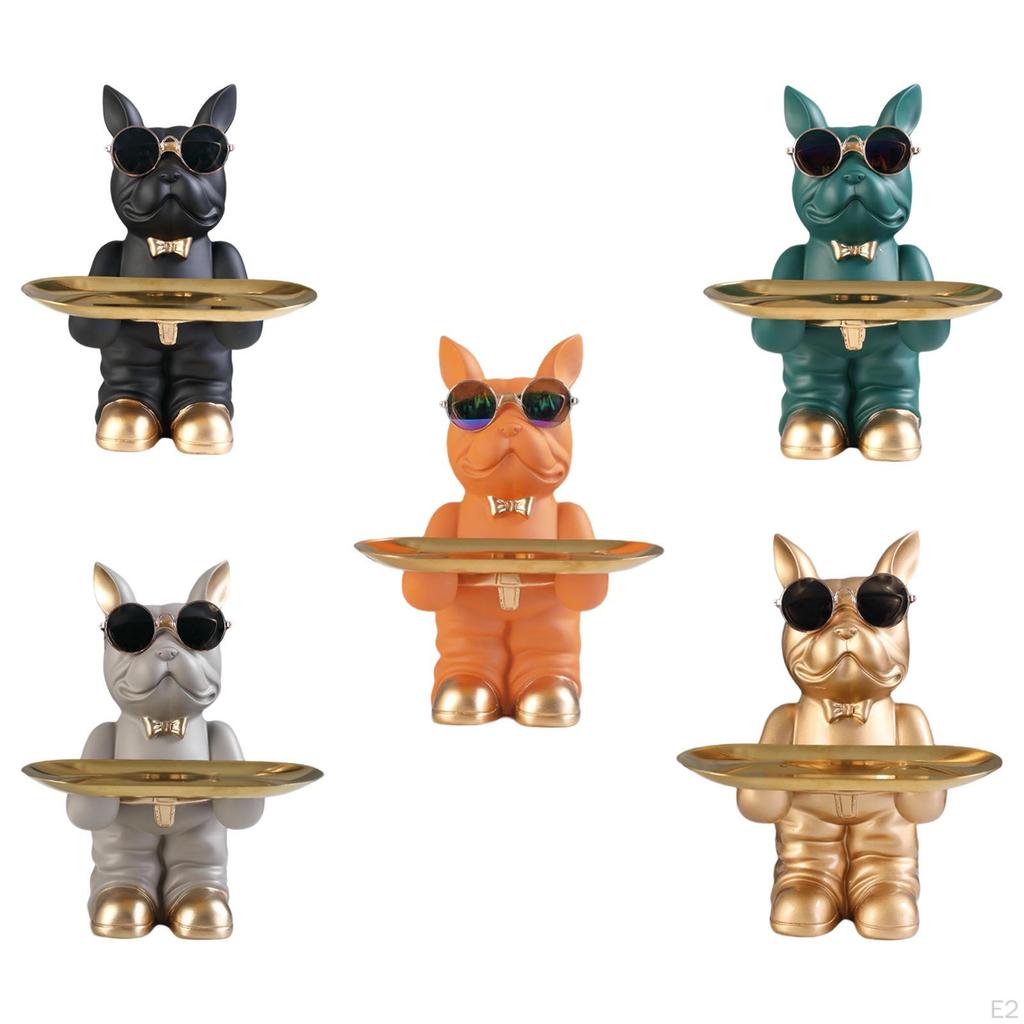 Dog Sculpture Figurine with Tray Desk Organizer Resin Statue for Living Room Table Decoration