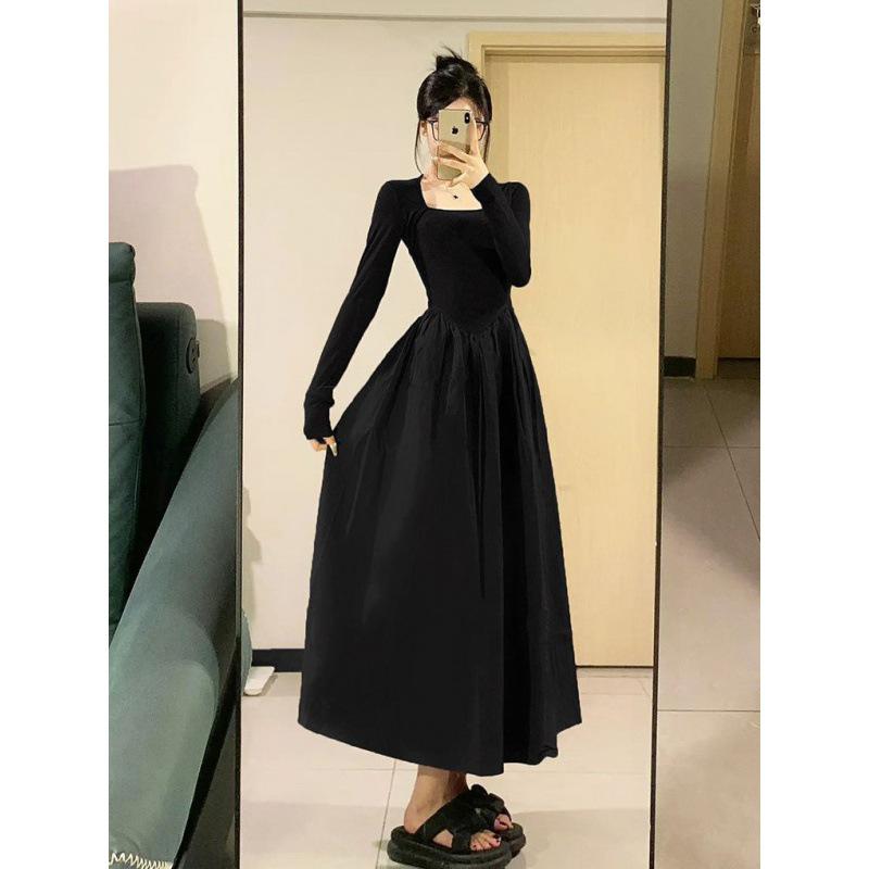 Damen 2025 Herbst/Winter Schwarz Taillenbetonend Schlankmachend Langärmeliges Kleid - Französischer Hepburn-Stil