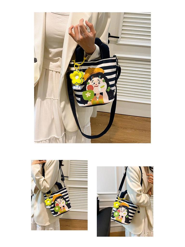 New Cartoon Graffiti Canvas Shoulder Crossbody Bucket Bag for Girls