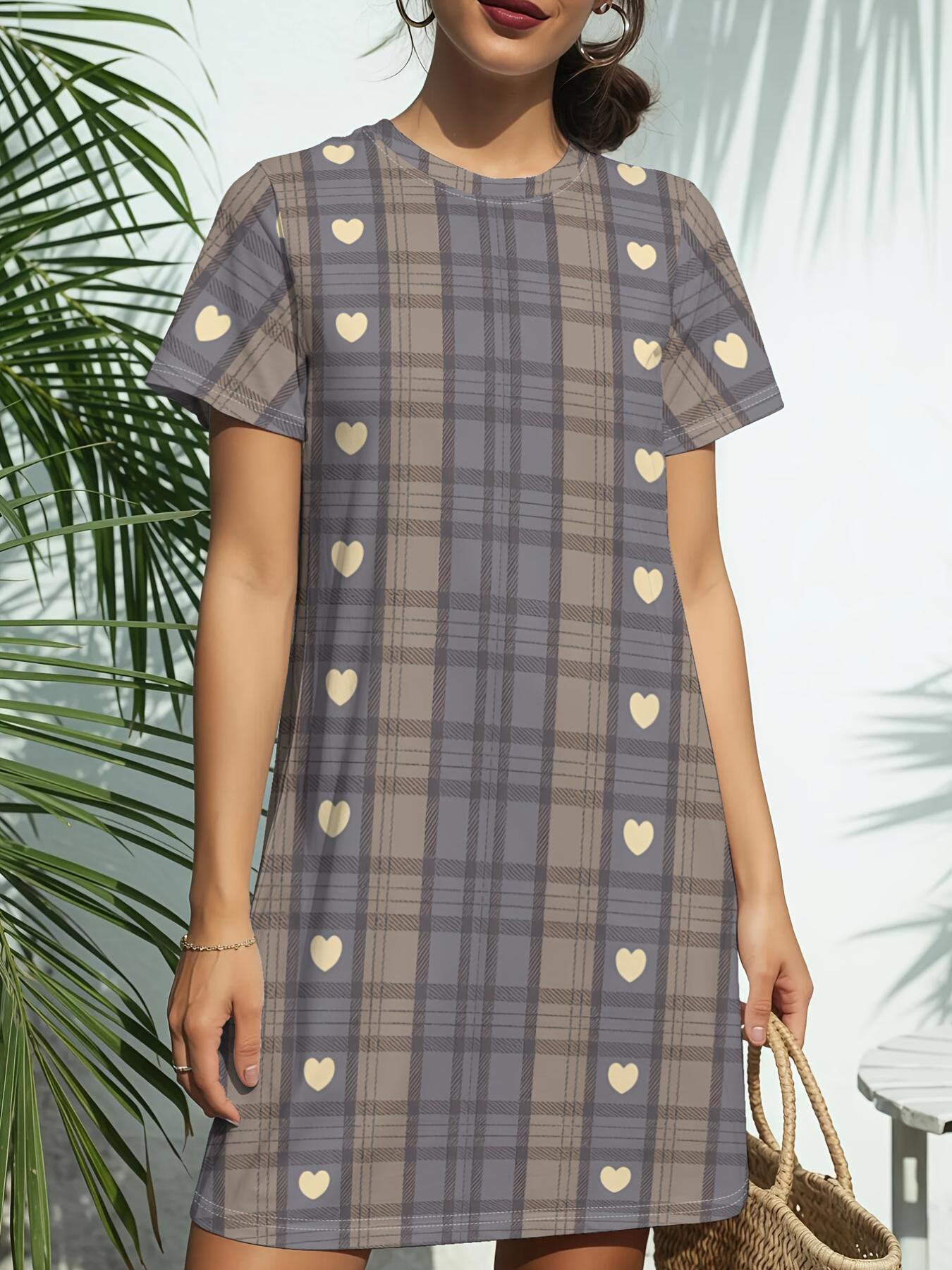 

Women s Short-Sleeve T-Shirt Dress with Plaid Heart Check Print - Round Neck Casual -Line Dress Suitable for Spring Summer Outfits. Birthday Gifts. Da 9XL дубильная кора