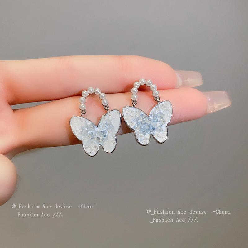Silver needle butterfly crystal pearl earrings niche light luxury design earrings small fresh simple temperament earrings